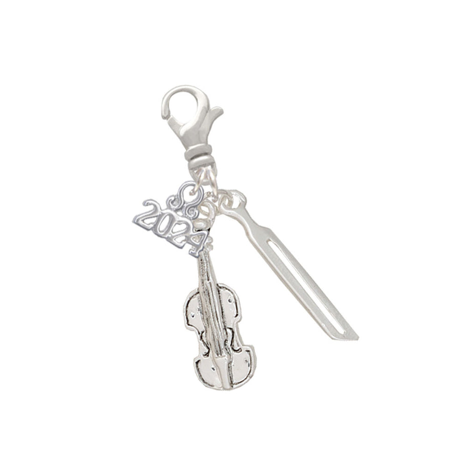 Delight Jewelry Silvertone Violin and Bow Clip on Charm with Year 2024 Image 1