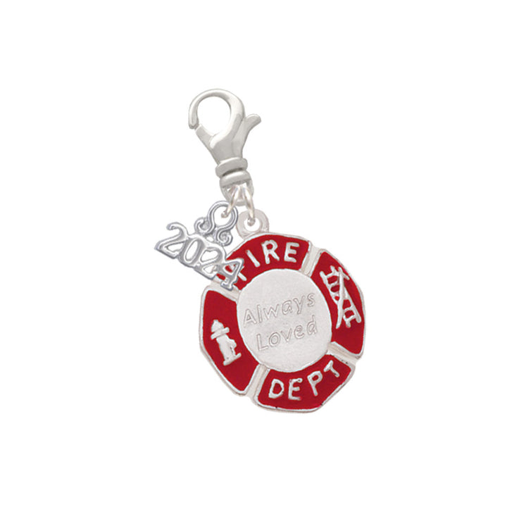 Delight Jewelry Silvertone Red Always Loved Fire Department Shield Clip on Charm with Year 2024 Image 1