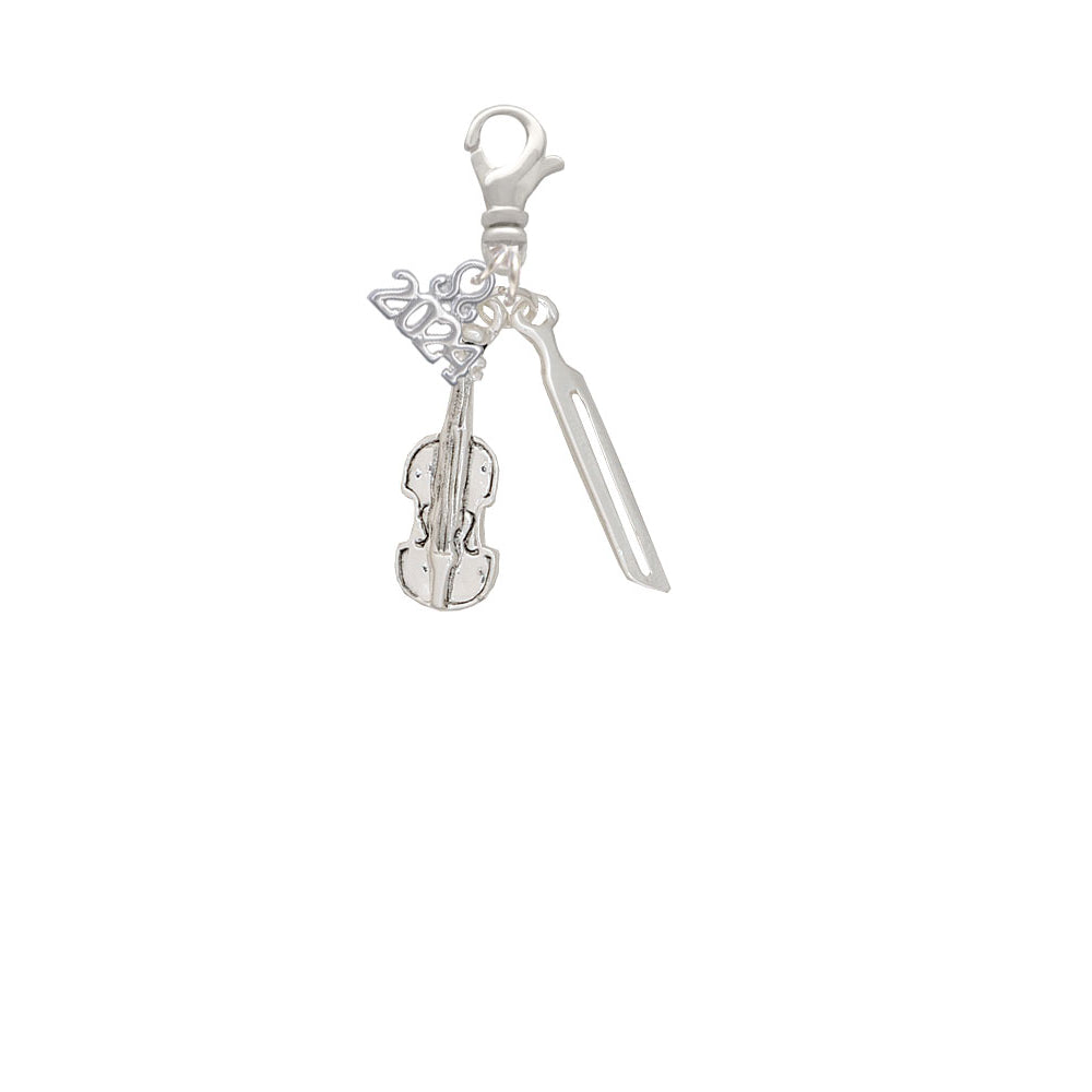 Delight Jewelry Silvertone Violin and Bow Clip on Charm with Year 2024 Image 2