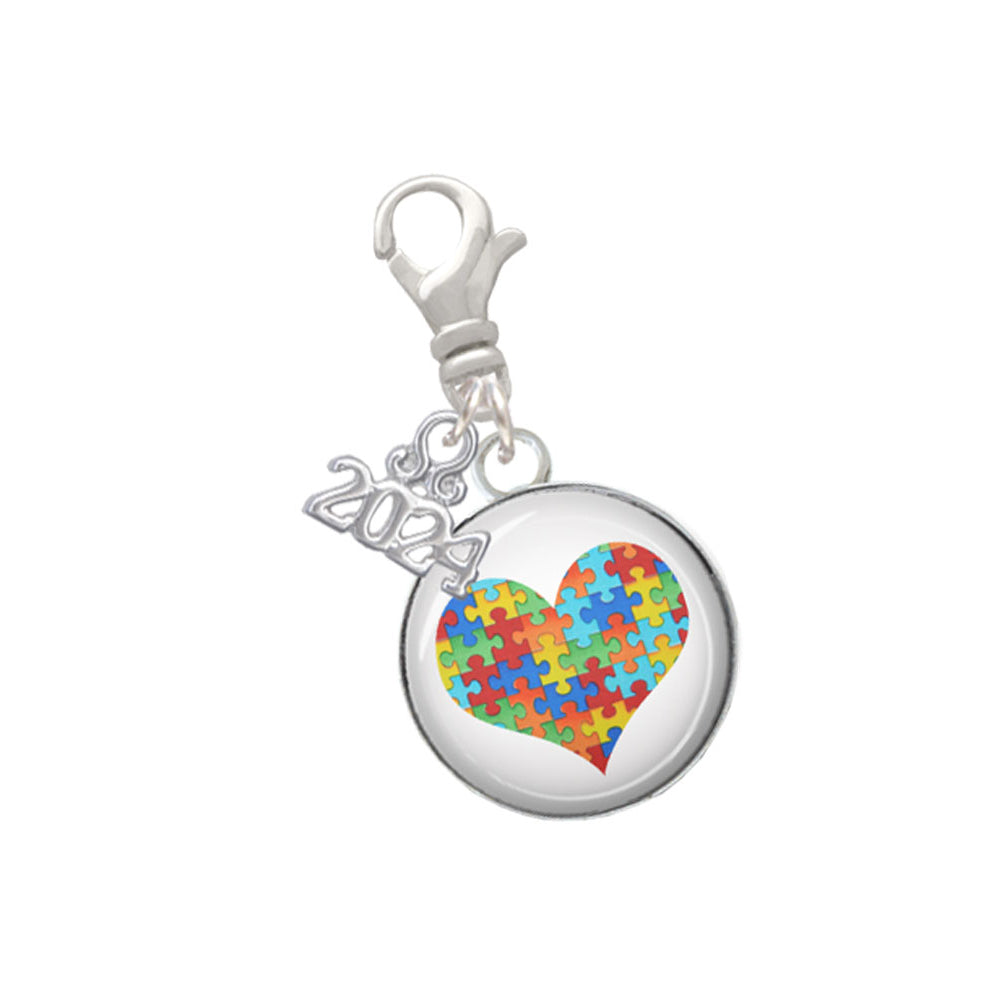 Delight Jewelry Silvertone Domed Puzzle Piece Heart Clip on Charm with Year 2024 Image 1
