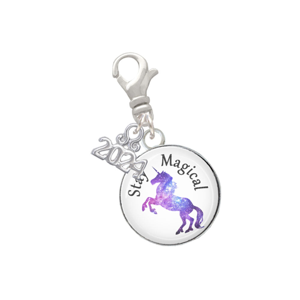 Delight Jewelry Silvertone Domed Stay Magical Unicorn Clip on Charm with Year 2024 Image 1
