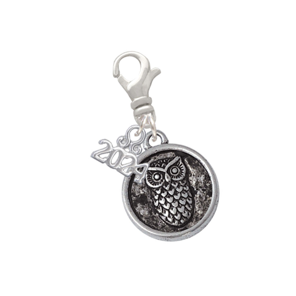 Delight Jewelry Silvertone Antiqued Round Seal - Owl Clip on Charm with Year 2024 Image 1