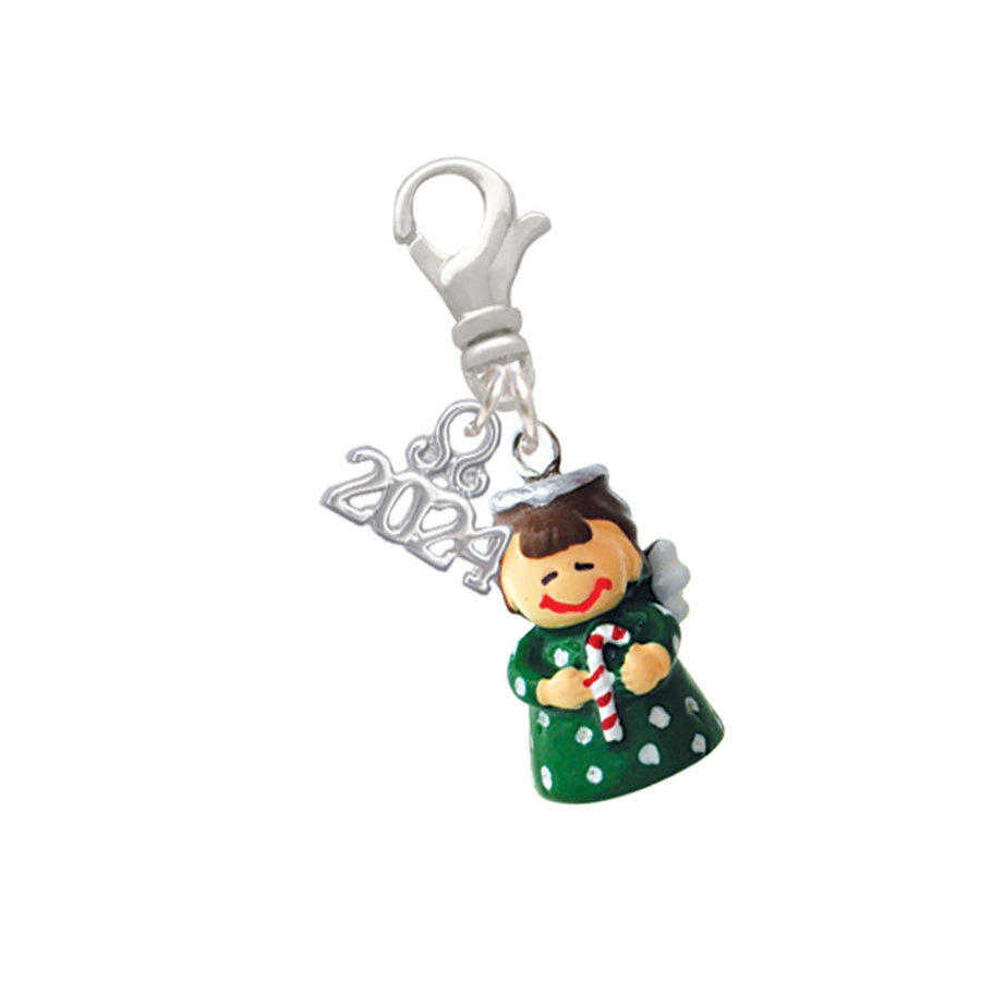 Delight Jewelry Resin Green Angel Holding Candy Cane Clip on Charm with Year 2024 Image 1