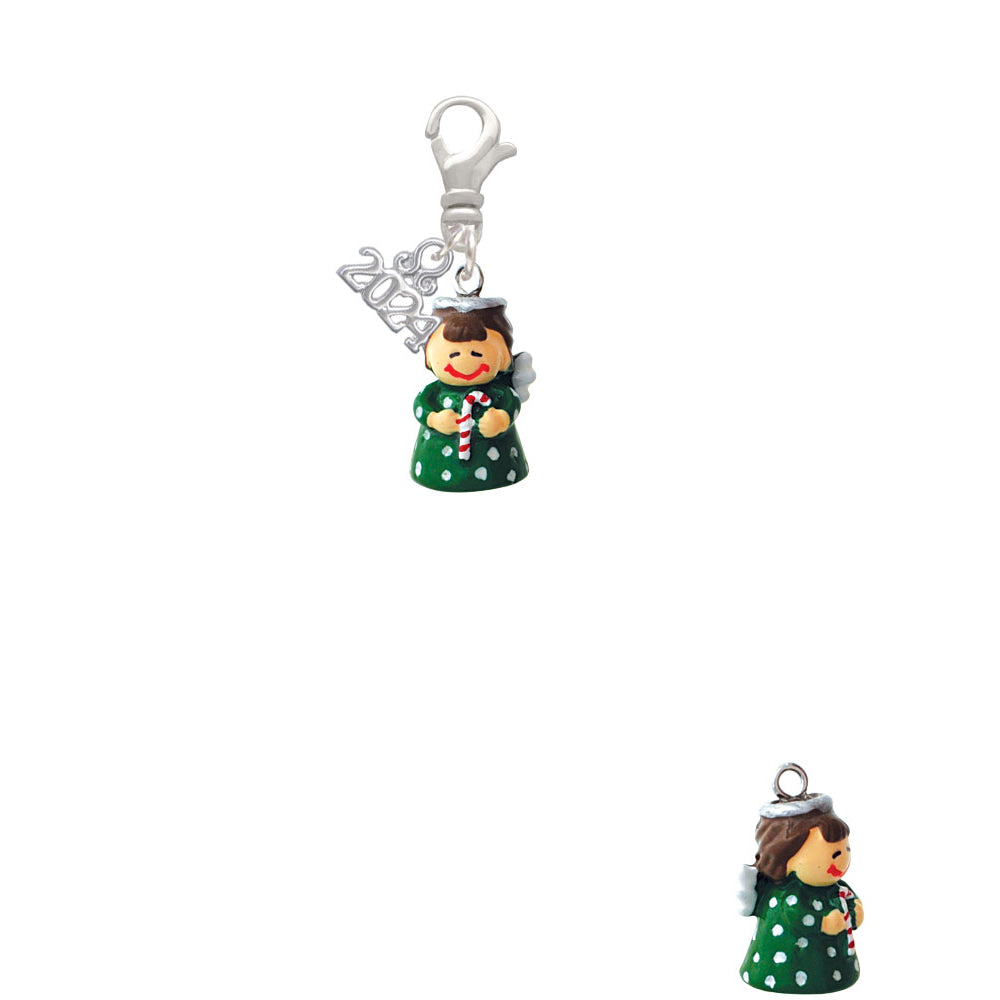 Delight Jewelry Resin Green Angel Holding Candy Cane Clip on Charm with Year 2024 Image 2