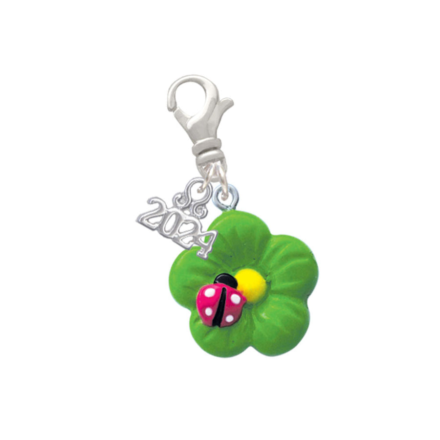 Delight Jewelry Resin Lime Green Daisy Flower with Hot Pink Ladybug Clip on Charm with Year 2024 Image 1