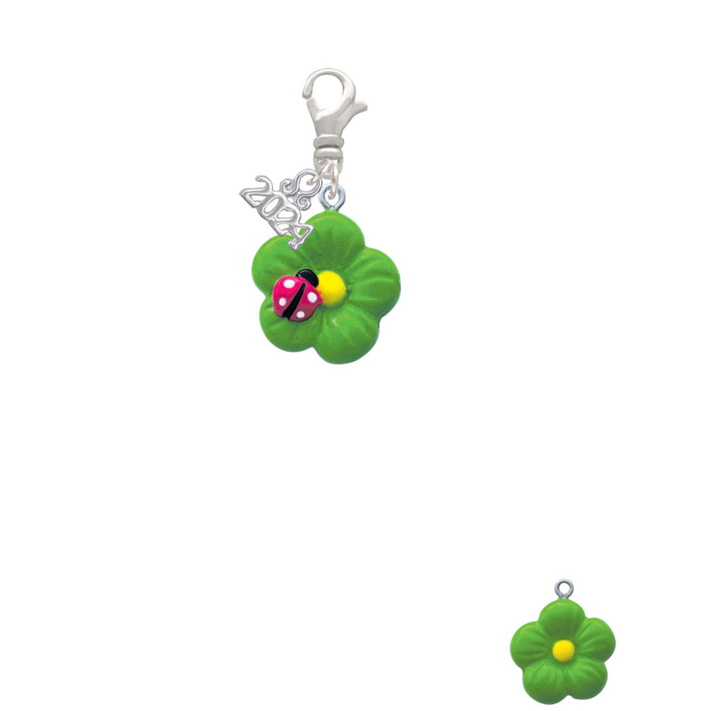 Delight Jewelry Resin Lime Green Daisy Flower with Hot Pink Ladybug Clip on Charm with Year 2024 Image 2