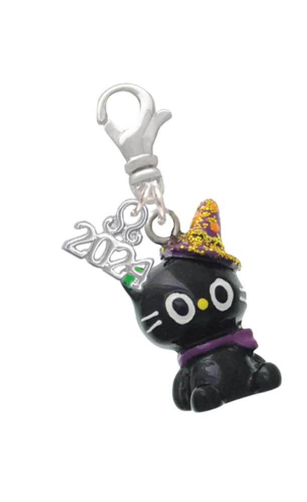 Delight Jewelry Resin Black Kitty Cat with Witch Hat Clip on Charm with Year 2024 Image 1