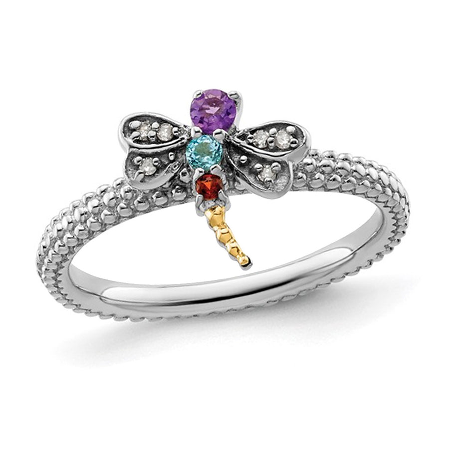 1/10 Carat (ctw) AmethystGarnet and Blue Topaz Dragonfly Ring in Sterling Silver Image 1