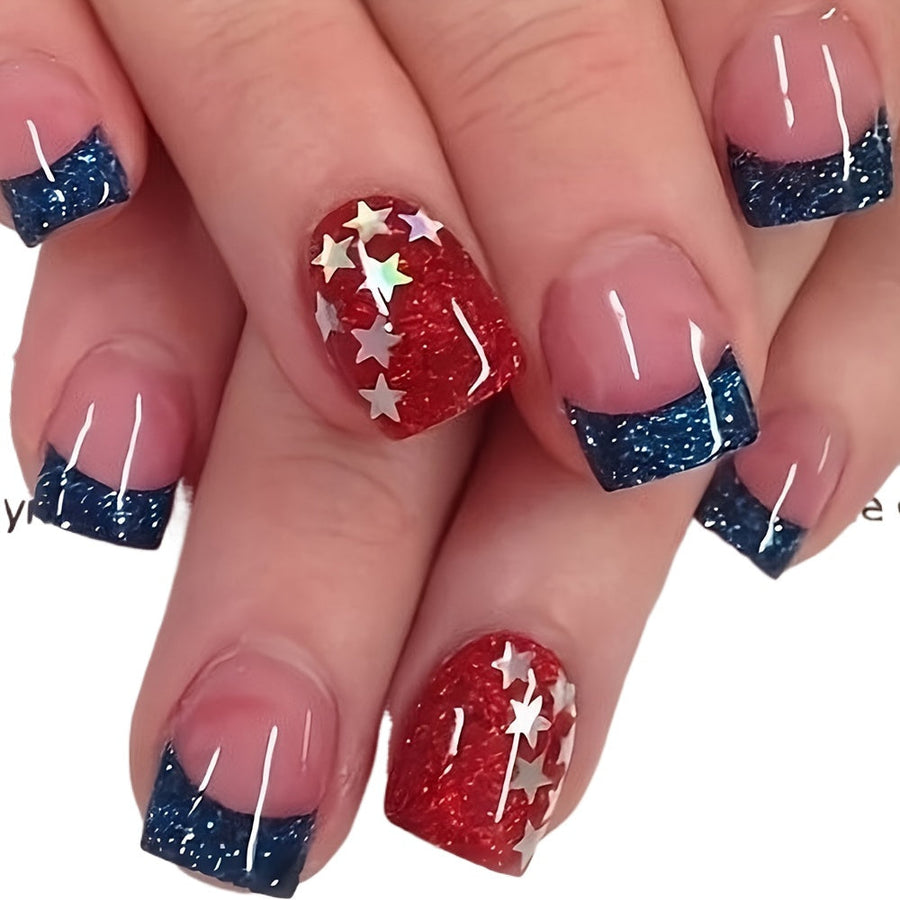 24pcs Shiny Red Glitter Star Press-on Nails - ReusableQuick-Apply Fake Nail Set for Glamorous Festive Manicures Image 1