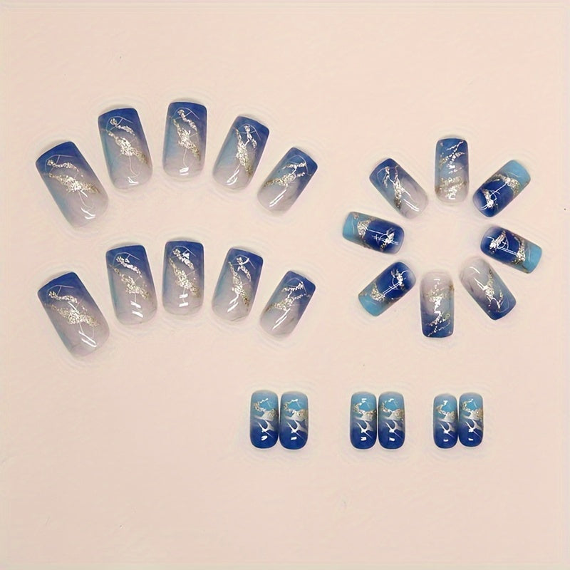 24pcs Shiny Ice Blue Gradient Square Fake Nails with Golden Foil Stripe - Easy Press-On Full Coverage Set for Women and Image 2