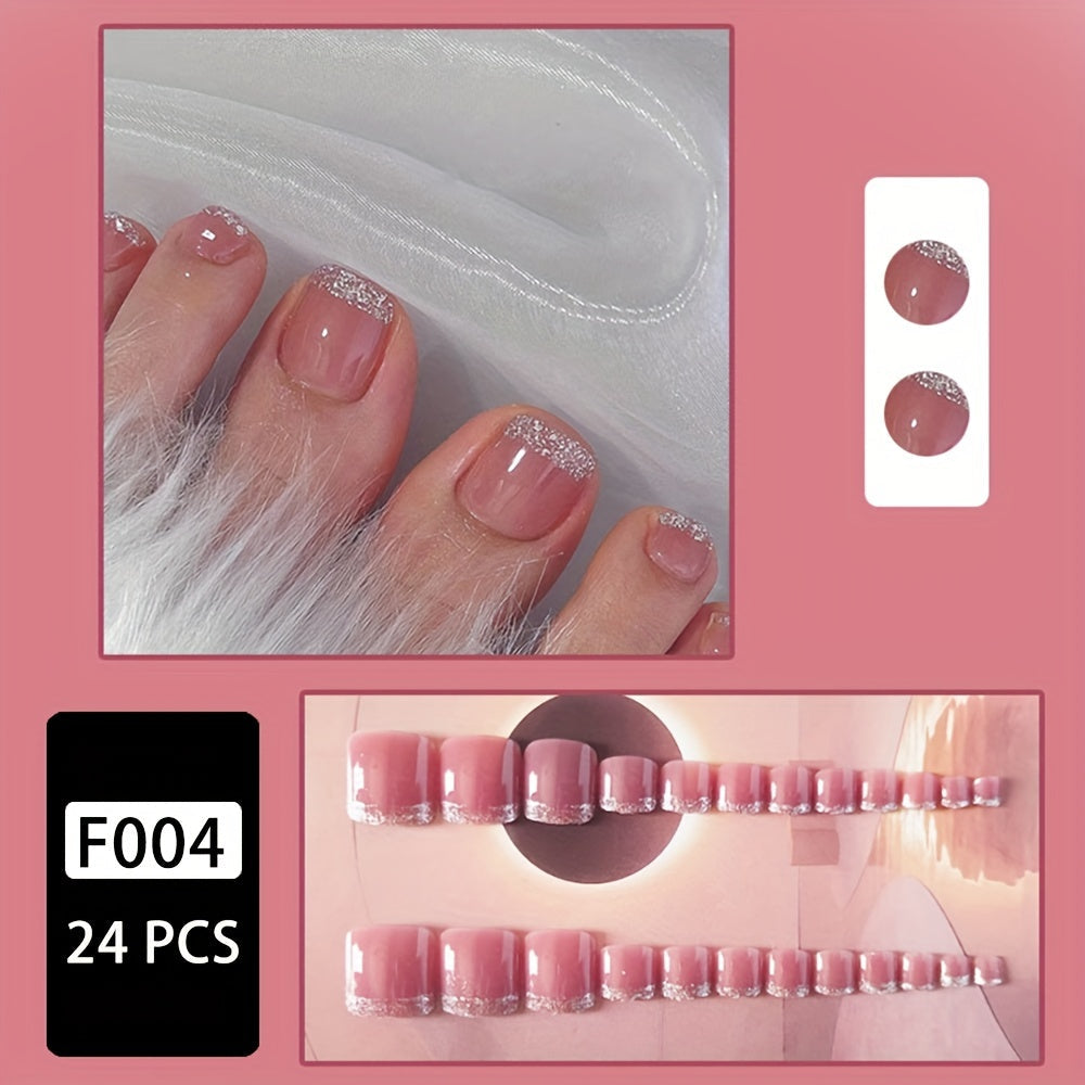 24pcs Ice Pink Sparkling Toenails - Short Square with Silver Glitter Edge - GlossyFull Cover False Nails for Women and Image 2
