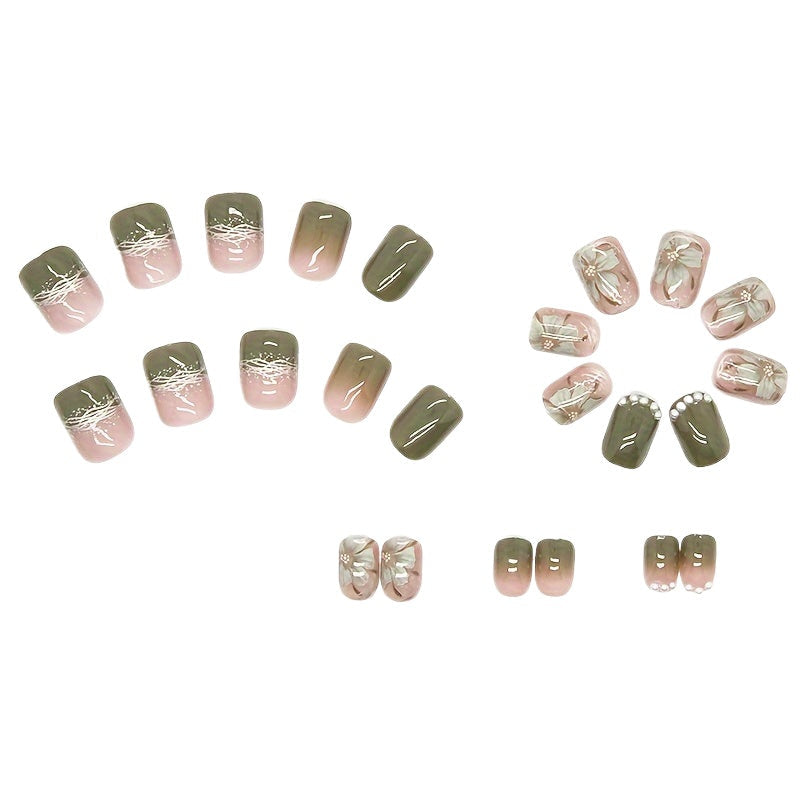 24pcs Medium Square Camellia Press On NailsGreen Fake Nails for Spring and SummerFull Cover False Nails Image 1