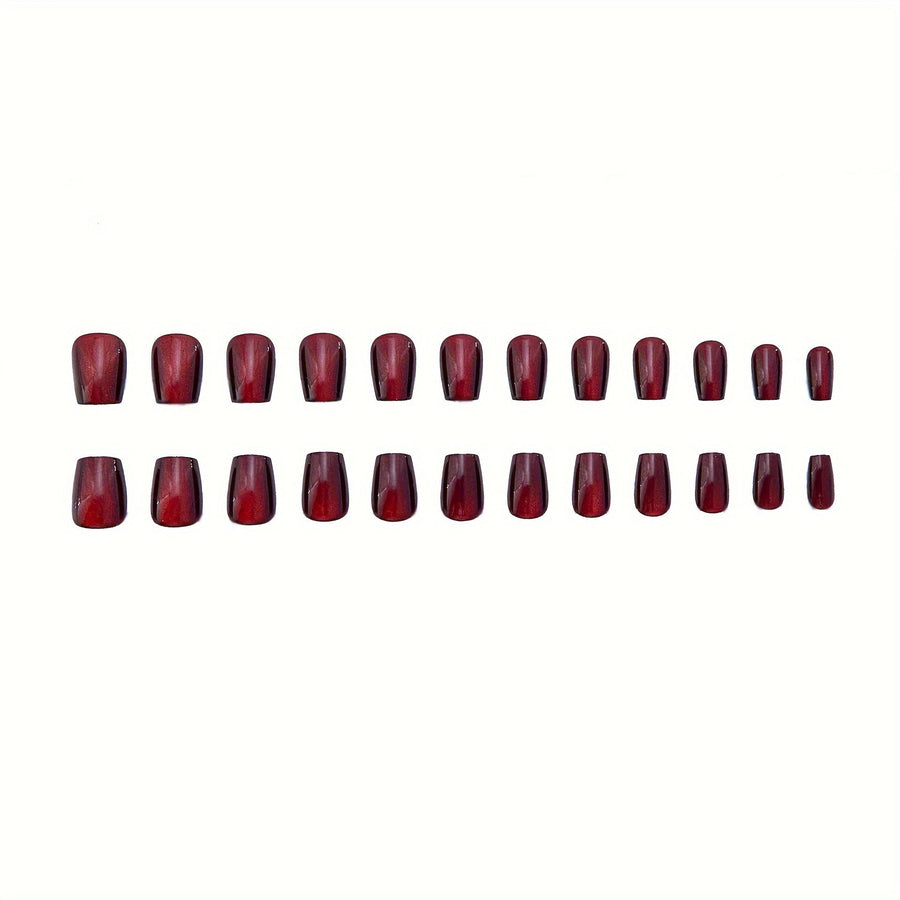 24Pcs Red Cat Eye Glitter Press On Nails - Medium Square Glossy Full Cover False Nails for Women Image 1