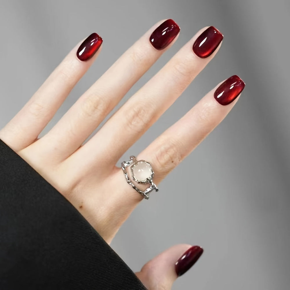 24Pcs Red Cat Eye Glitter Press On Nails - Medium Square Glossy Full Cover False Nails for Women Image 2