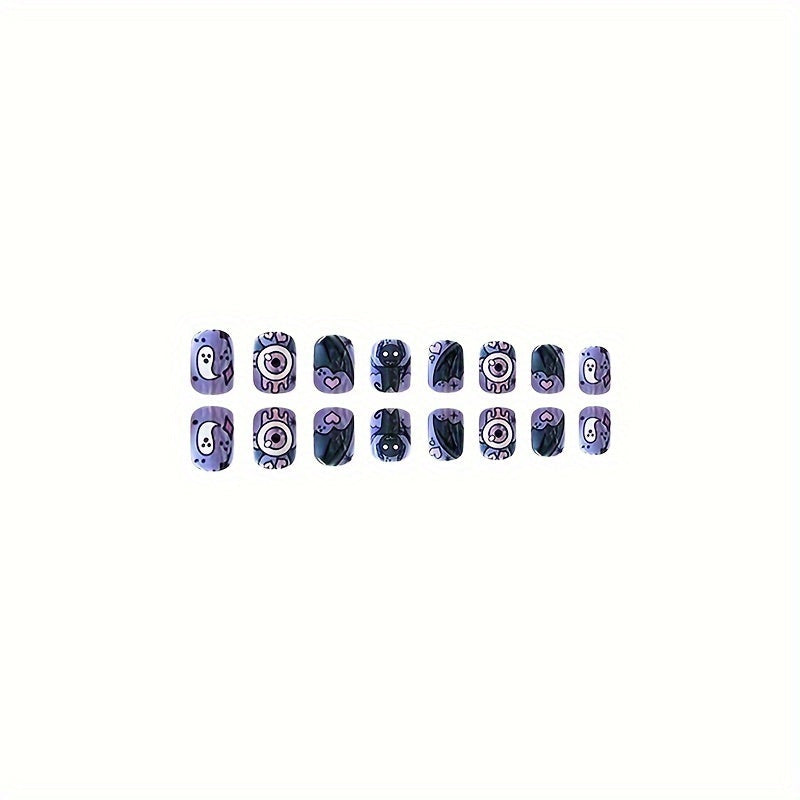 24 Halloween Fake Nails - Purple BatSkullHeart Design - Short Square Press On Nails Image 1