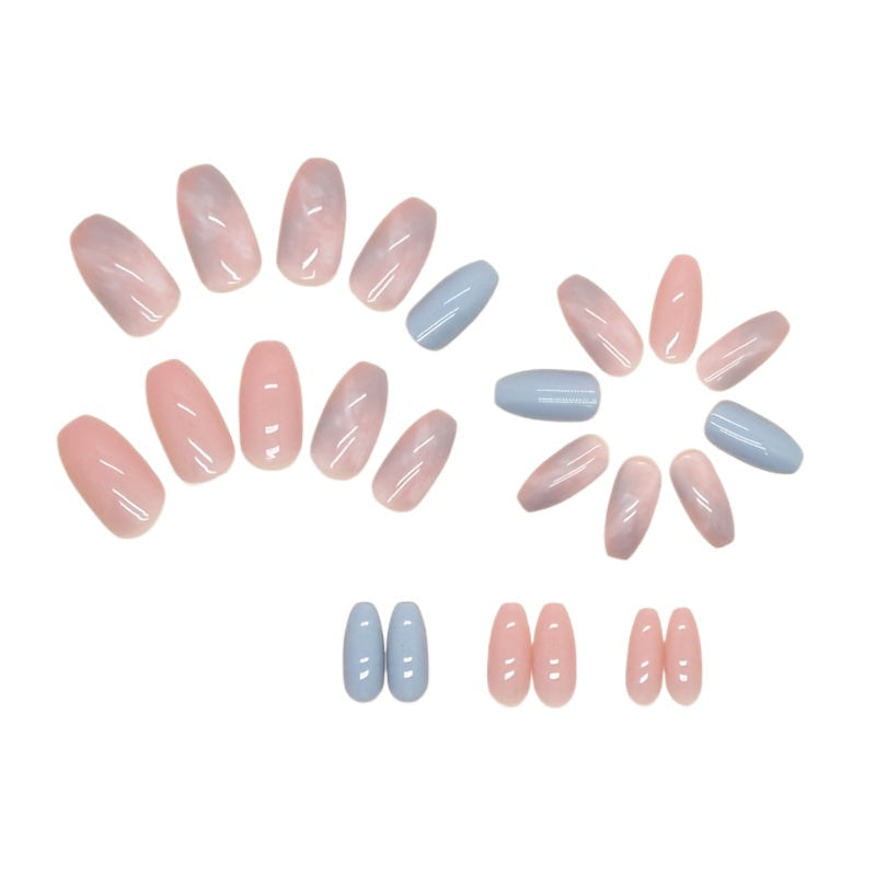 24 Pcs Blue Pink Smudged Press On NailsShort Fake NailsFull Cover Nail Tips for Women Image 2