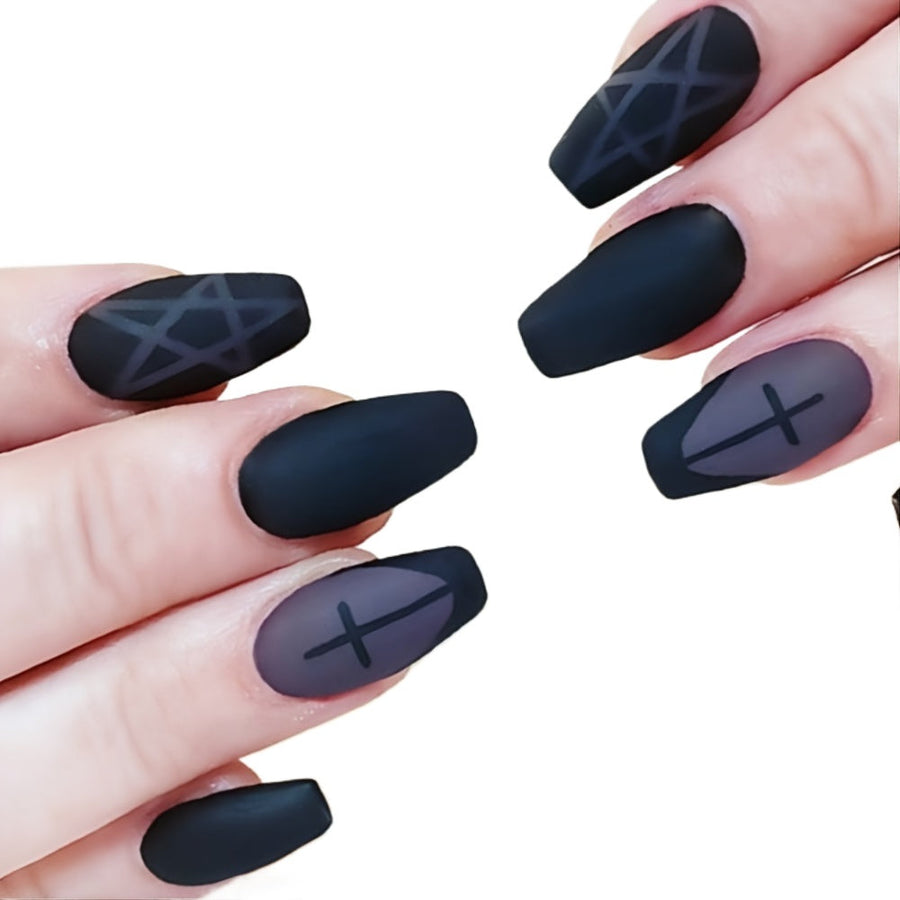 24 Pcs Dark Acrylic Full Cover False Nails - Easy Press On for Women and Girls Image 1