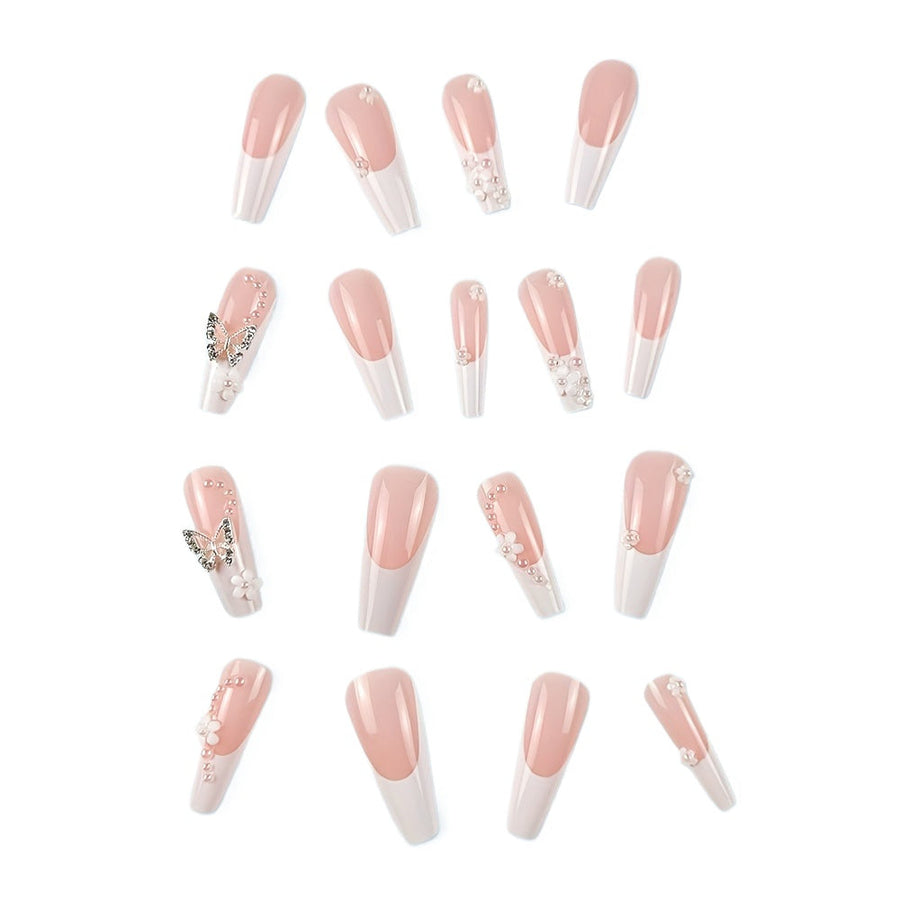 24 Pcs Glossy Long Coffin Press On Nails - Pink and White French Style with 3D FlowerButterflyRhinestoneGlitter Image 1