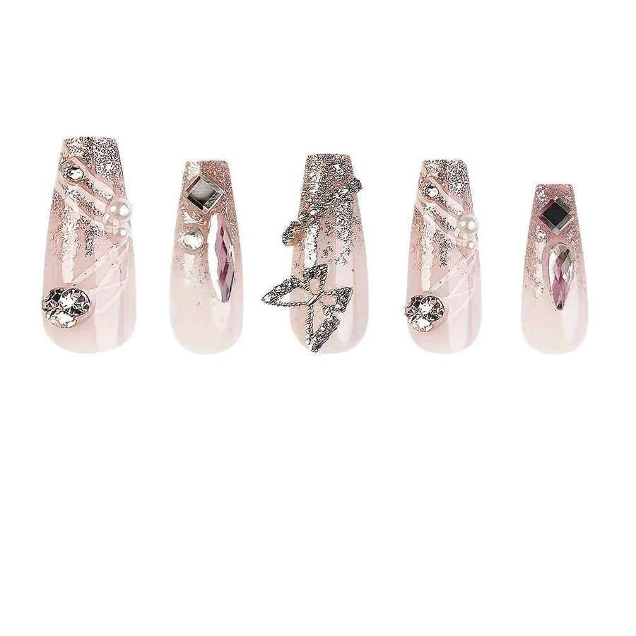 24 Pcs Glossy Coffin Nails - French Manicure with 3D Butterfly and Rhinestones - Reusable Glitter Press-On Nails for Image 1
