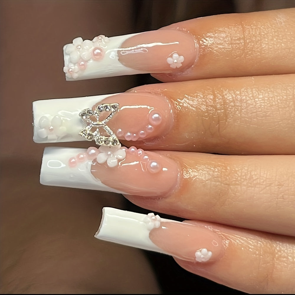 24 Pcs Glossy Long Coffin Press On Nails - Pink and White French Style with 3D FlowerButterflyRhinestoneGlitter Image 2
