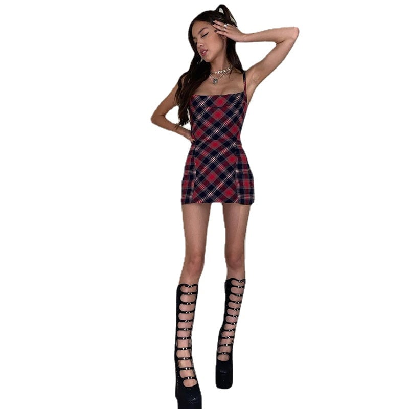 Hot Girls Temperament Checkered Slim-Fit Cute Strap Dress DTTT Image 2