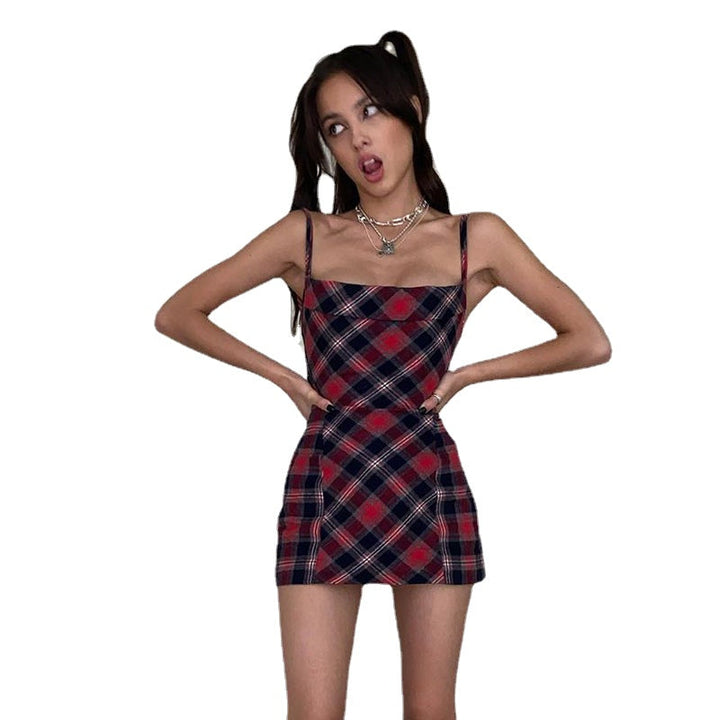 Hot Girls Temperament Checkered Slim-Fit Cute Strap Dress DTTT Image 3