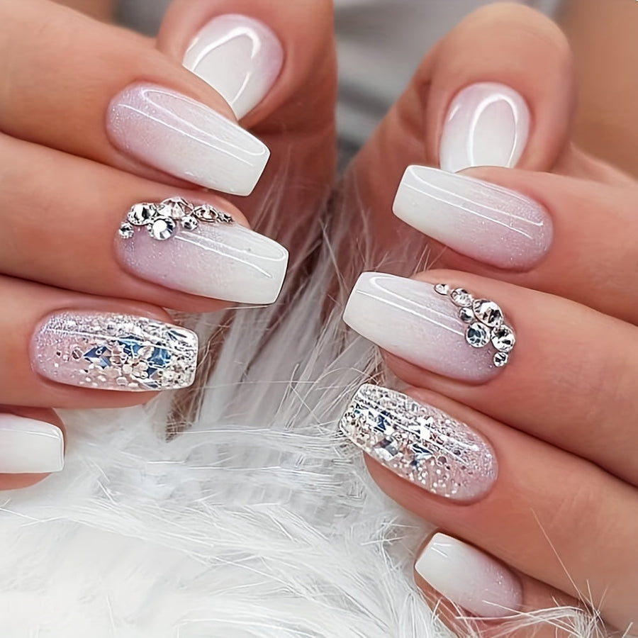 Luxurious 24-Piece Pink and White French-Tip Coffin Press-On Nails with Rhinestones - Glossy Finish for Special Image 1