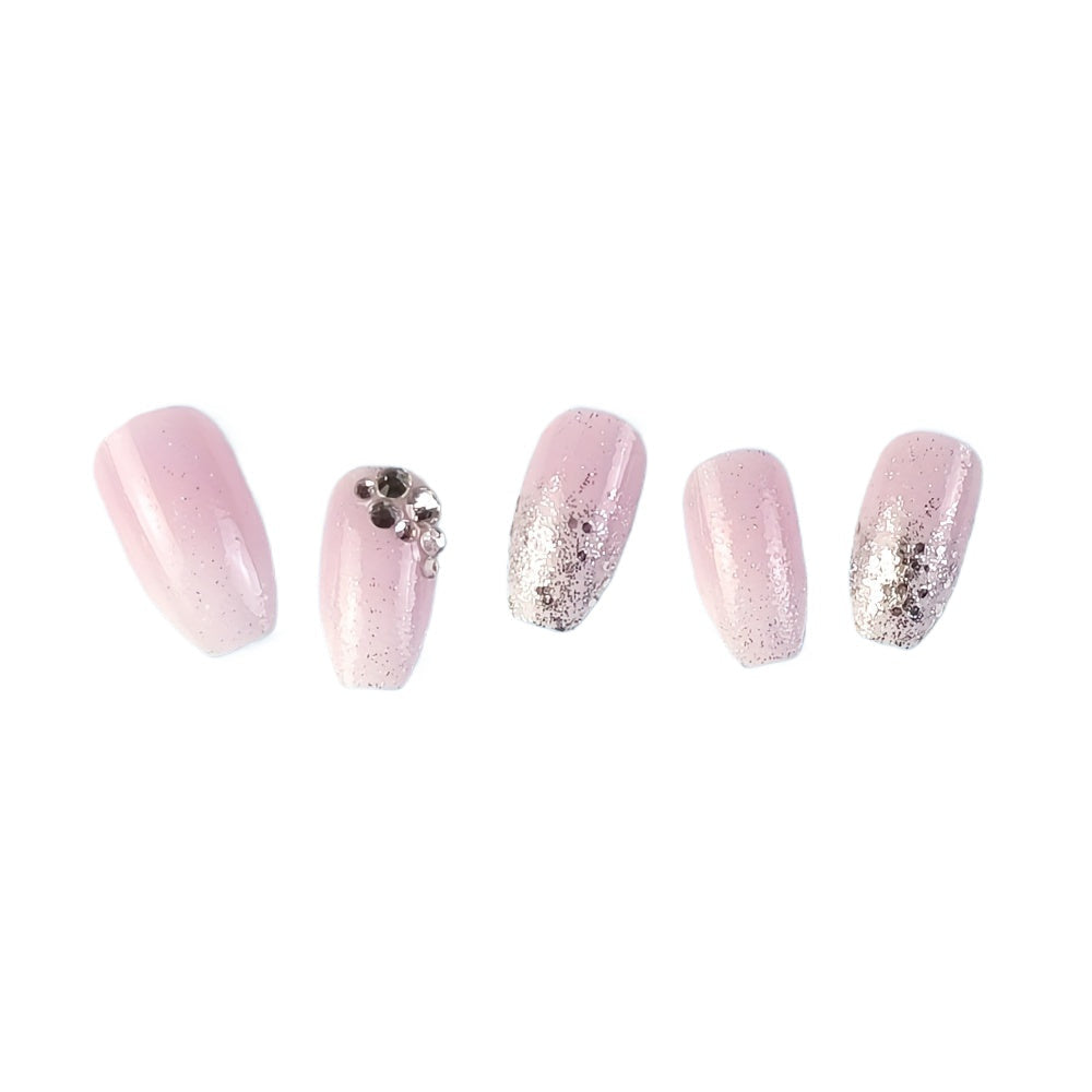 Luxurious 24-Piece Pink and White French-Tip Coffin Press-On Nails with Rhinestones - Glossy Finish for Special Image 2