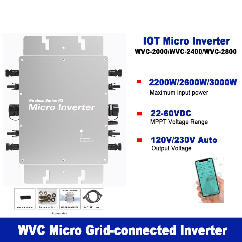 Micro Grid-connected Inverter 2000W 2400W 2800W PV Input 22V-60VDC to 120V230VAC Auto Switch with APP Monitoring System Image 2