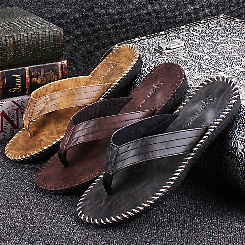 Men Leather Flip Flops Thick Bottom Comfortable Beach Can Be Immersed In Seawater Durable Shoes Image 2