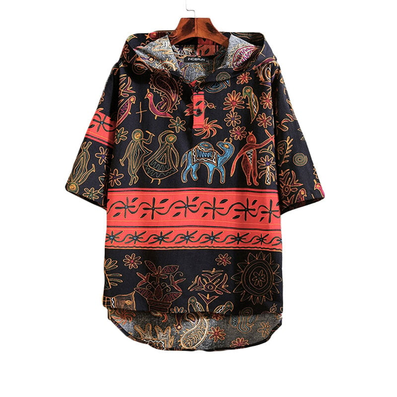 Mens Printed Half Sleeve Hoodies T-shirt Loose Causal Pullover Tee Tops Outdoor Camping Hiking Image 1