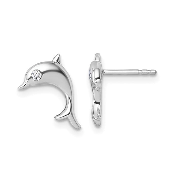 Sterling Silver Dolphin Charm Earrings with Accent Diamonds Image 1