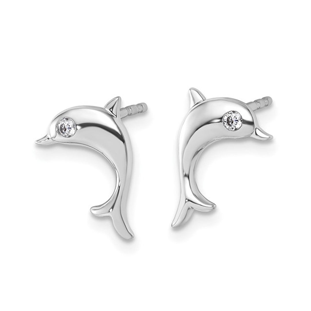 Sterling Silver Dolphin Charm Earrings with Accent Diamonds Image 4