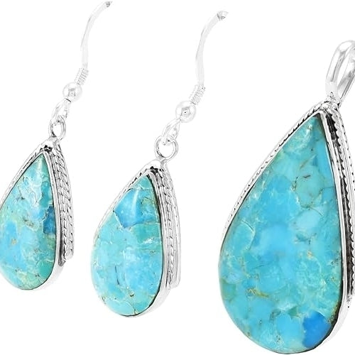 925 Sterling Silver Matching Genuine Turquoise Pendant and Earrings Set 20" Necklace Image 3