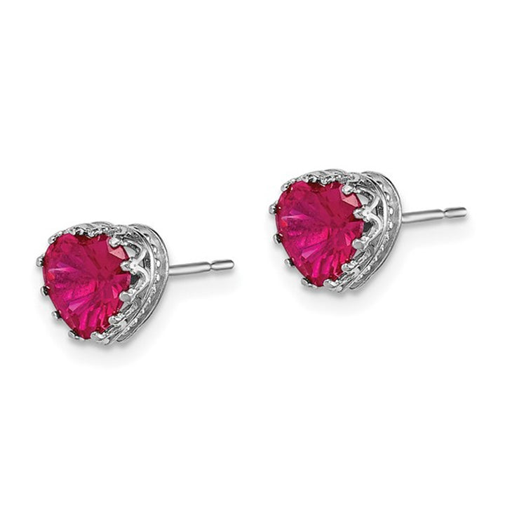 2.00 Carats (ctw) Lab-Created Ruby Heart Earrings in 10K White Gold Image 2