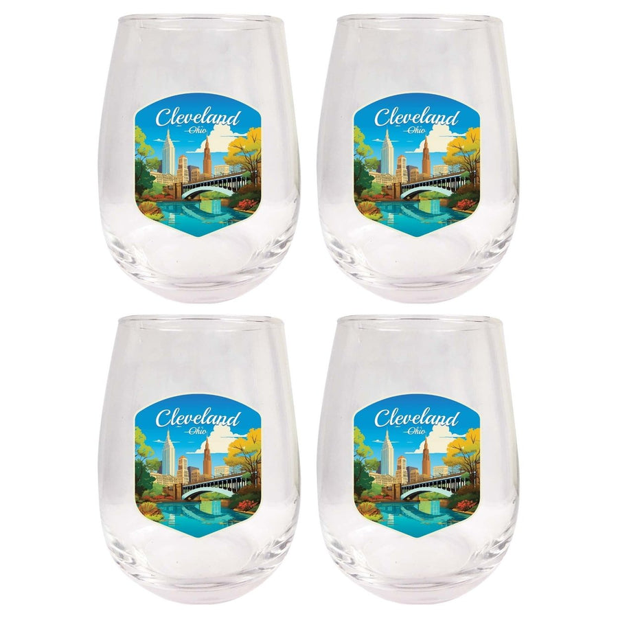 Cleveland Ohio Design B Souvenir 15 oz Stemless Wine Glass 4-Pack Image 1