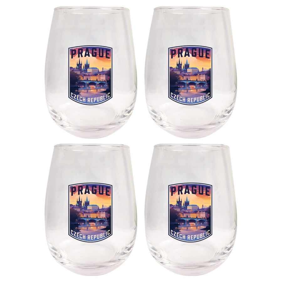Prague Czech Republic Design B Souvenir 15 oz Stemless Wine Glass 4-Pack Image 1
