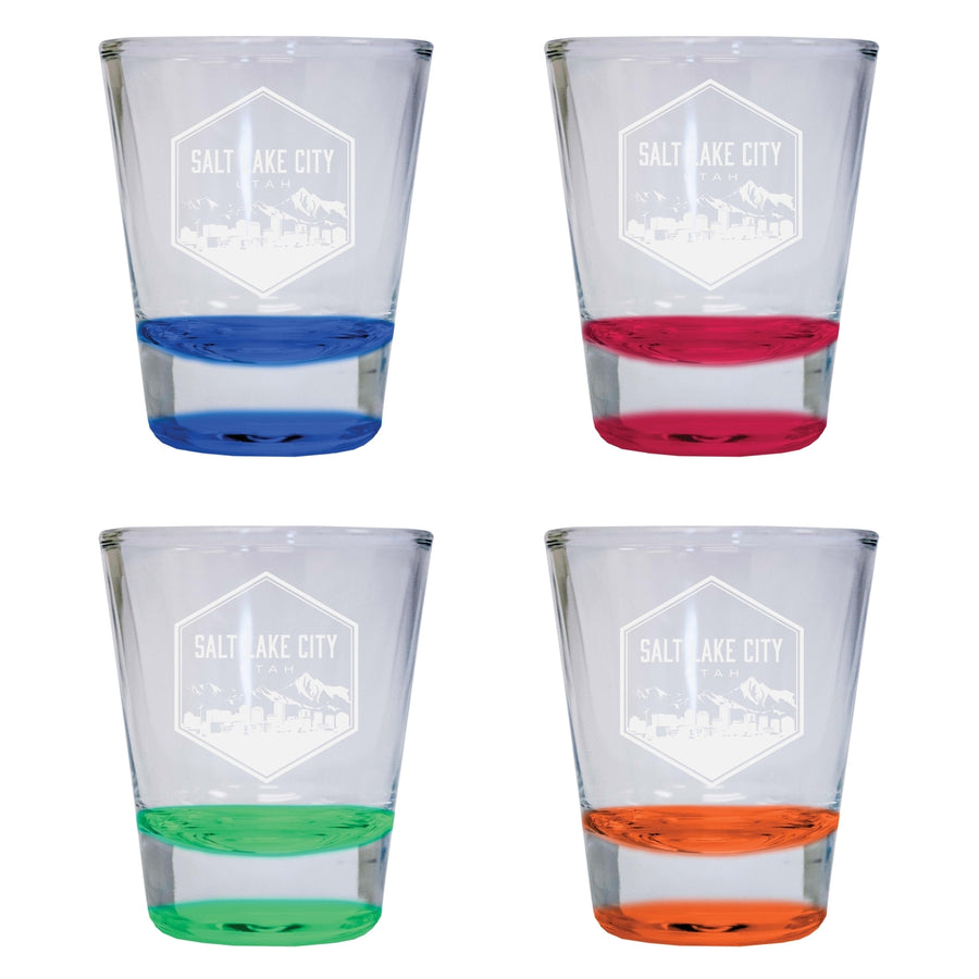 Salt Lake City Utah Souvenir 2 Ounce Engraved Shot Glass Round 4-Pack Multicolor Image 1