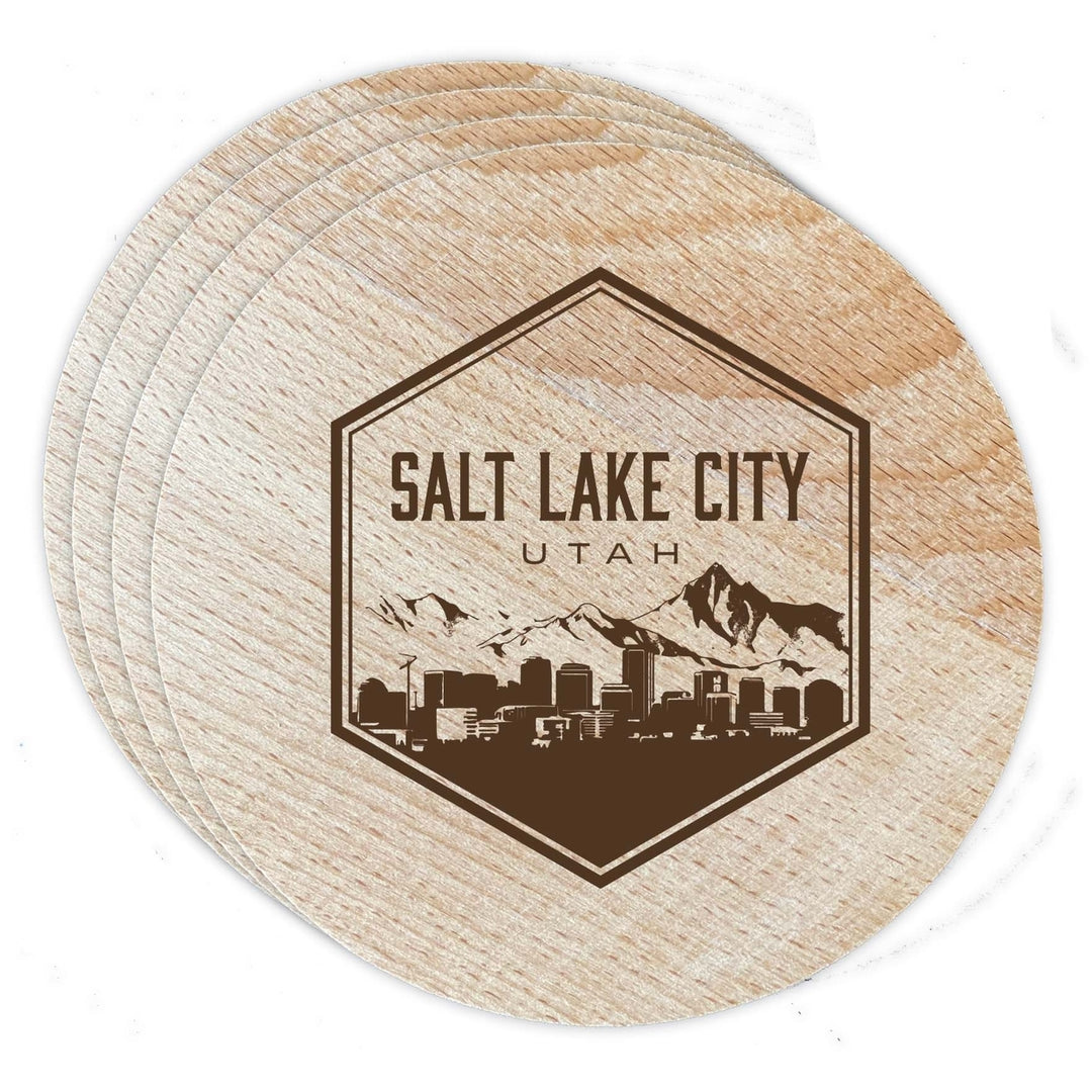 Salt Lake City Utah Souvenir Etched Coaster Wooden 3.5 x 3.5-Inch 4 Pack Image 1