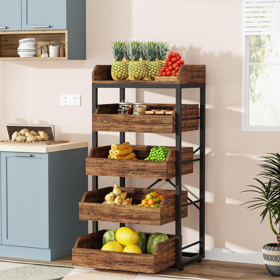 Tribesigns Wood Fruit and Vegetable Storage Rack 5-Tier Pull-Out Snack Stand Fruit Basket Stand Utility Shelf Organizer Image 1