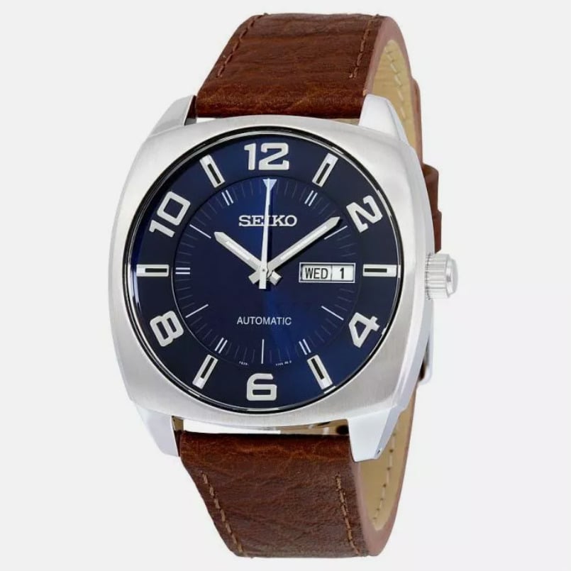 Seiko Recraft SNKN37 Automatic Mens Watch Blue Dial Brown Leather Strap 43.5mm Image 1