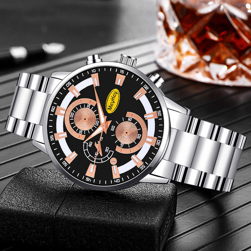 Popular Three Eyes Steel Band Quartz Watch Mens Business Stainless Steel Wrist Watch Image 2