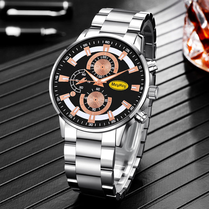 Popular Three Eyes Steel Band Quartz Watch Mens Business Stainless Steel Wrist Watch Image 4