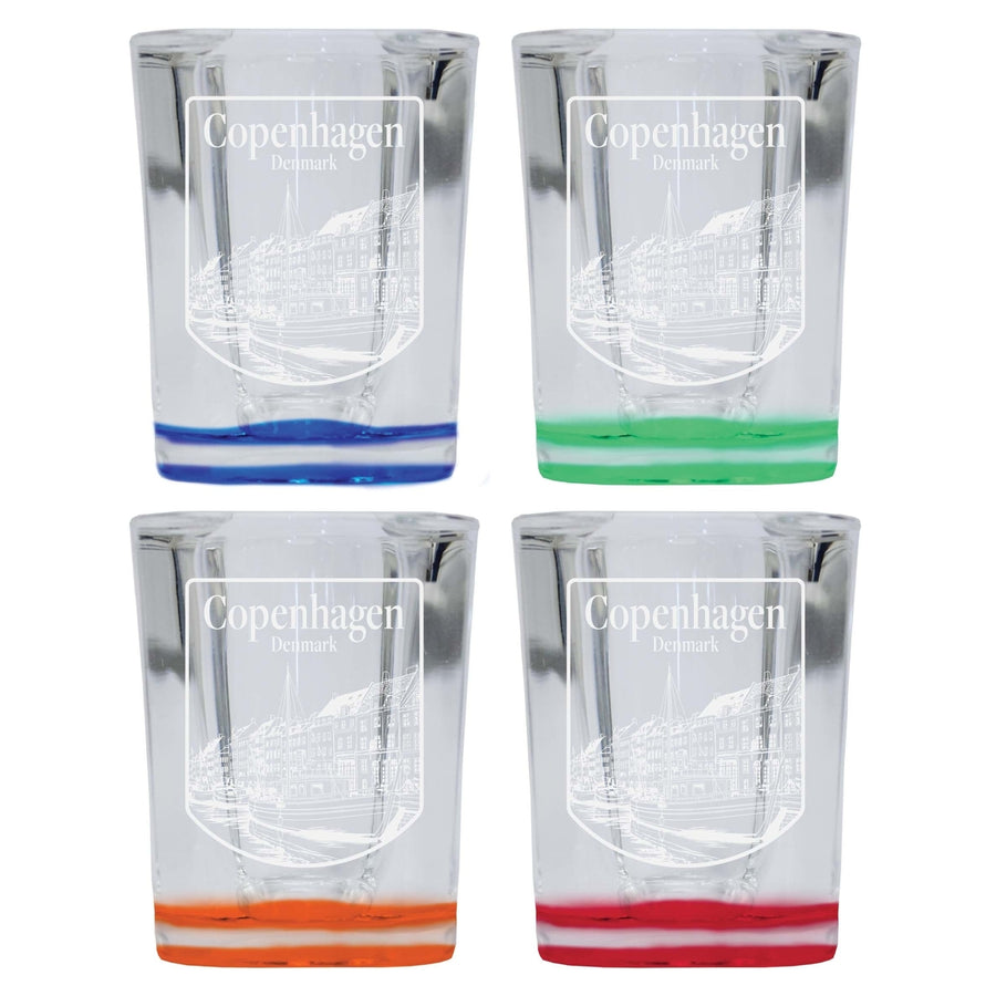 Copenhagen Denmark Souvenir 2 Ounce Engraved Shot Glass Square 4-Pack Multicolor Image 1