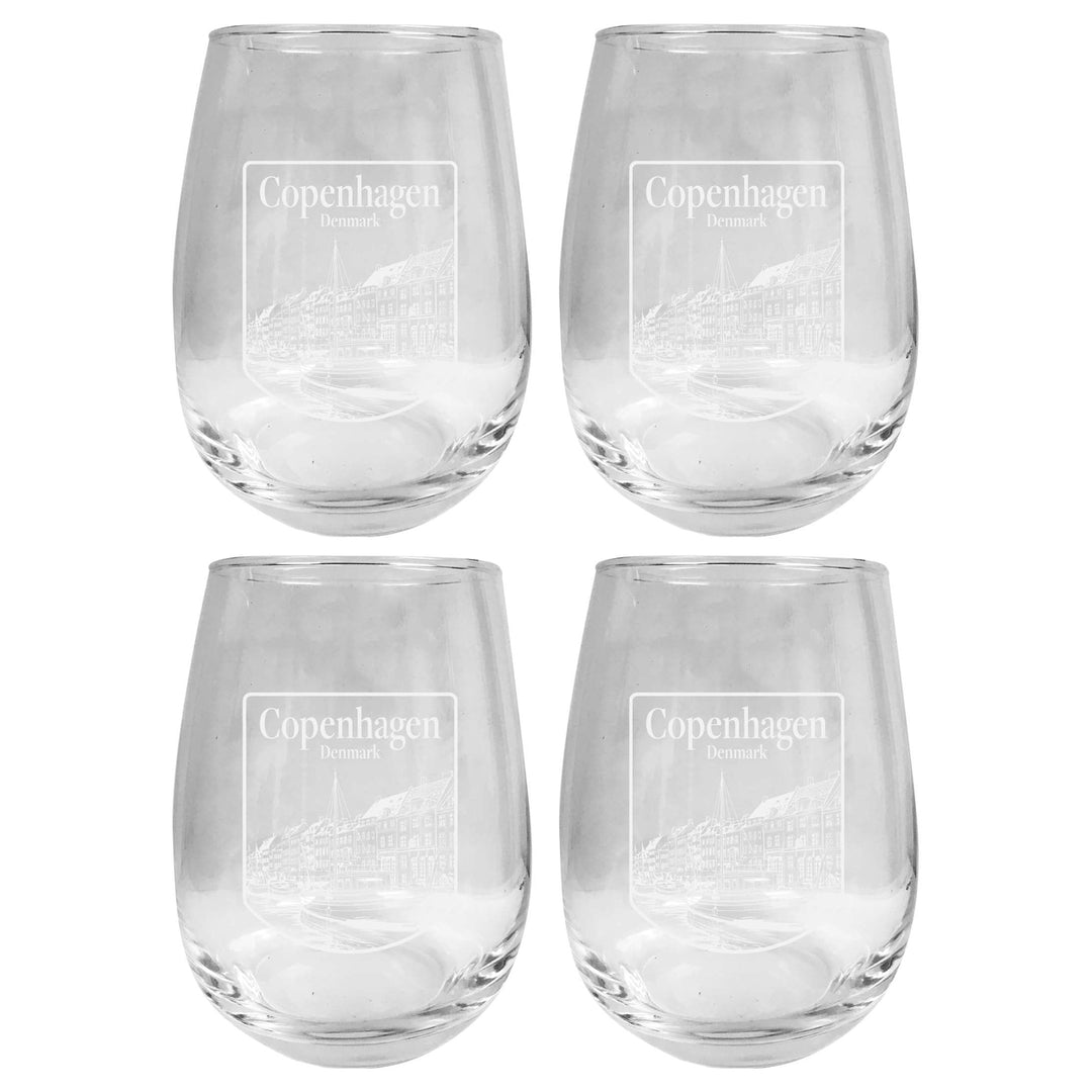 Copenhagen Denmark Souvenir 15 oz Engraved Stemless Wine Glass 4-Pack Image 1