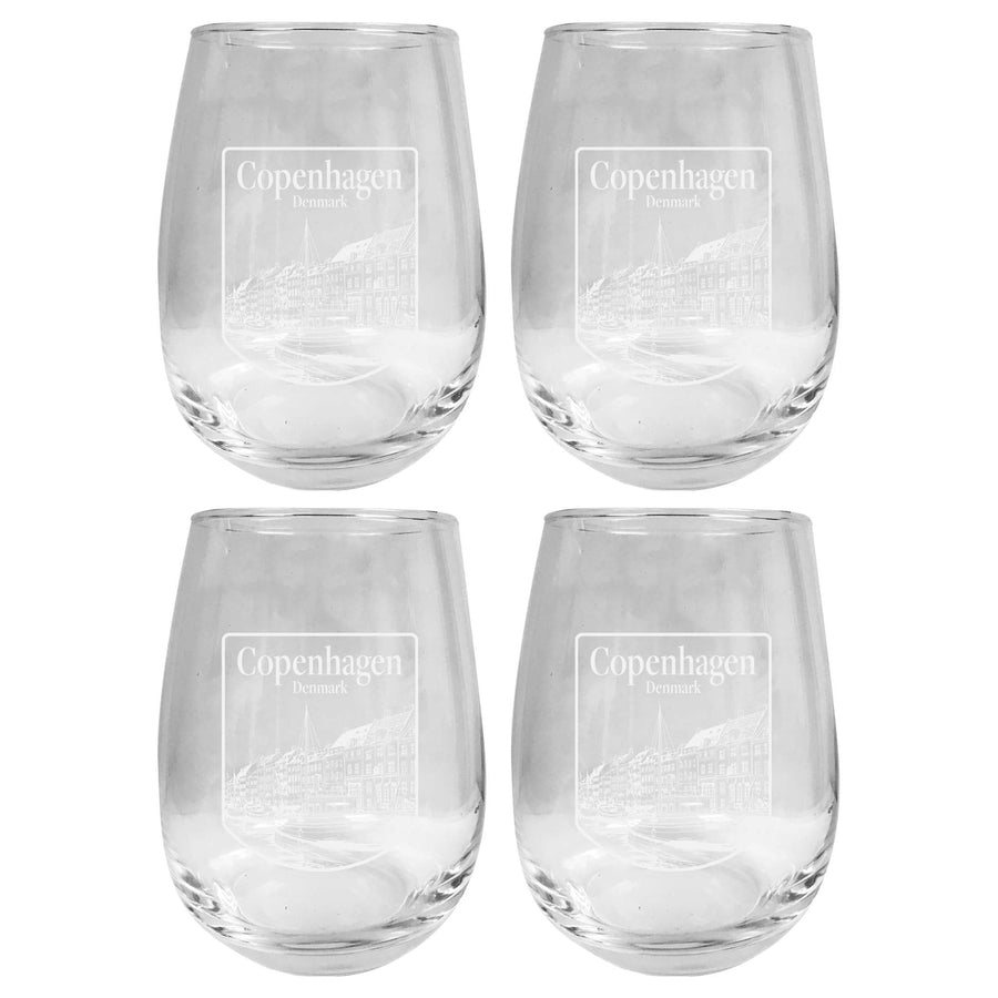 Copenhagen Denmark Souvenir 15 oz Engraved Stemless Wine Glass 4-Pack Image 1