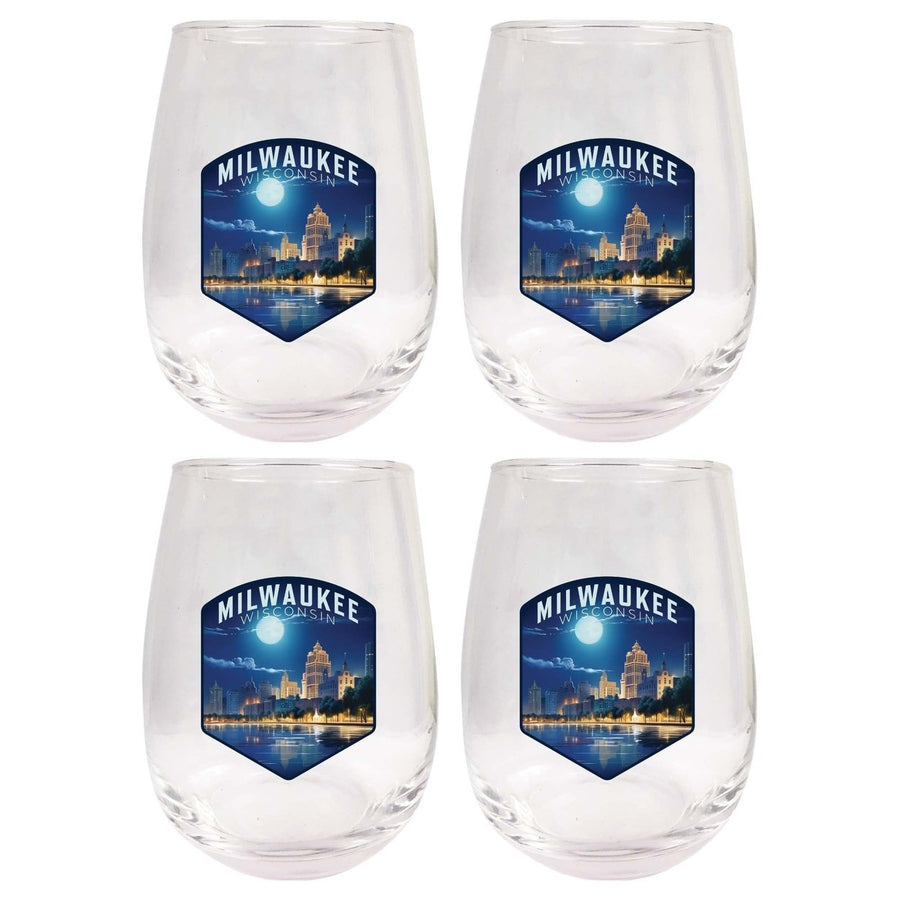 Milwaukee Wisconsin Design B Souvenir 15 oz Stemless Wine Glass 4-Pack Image 1