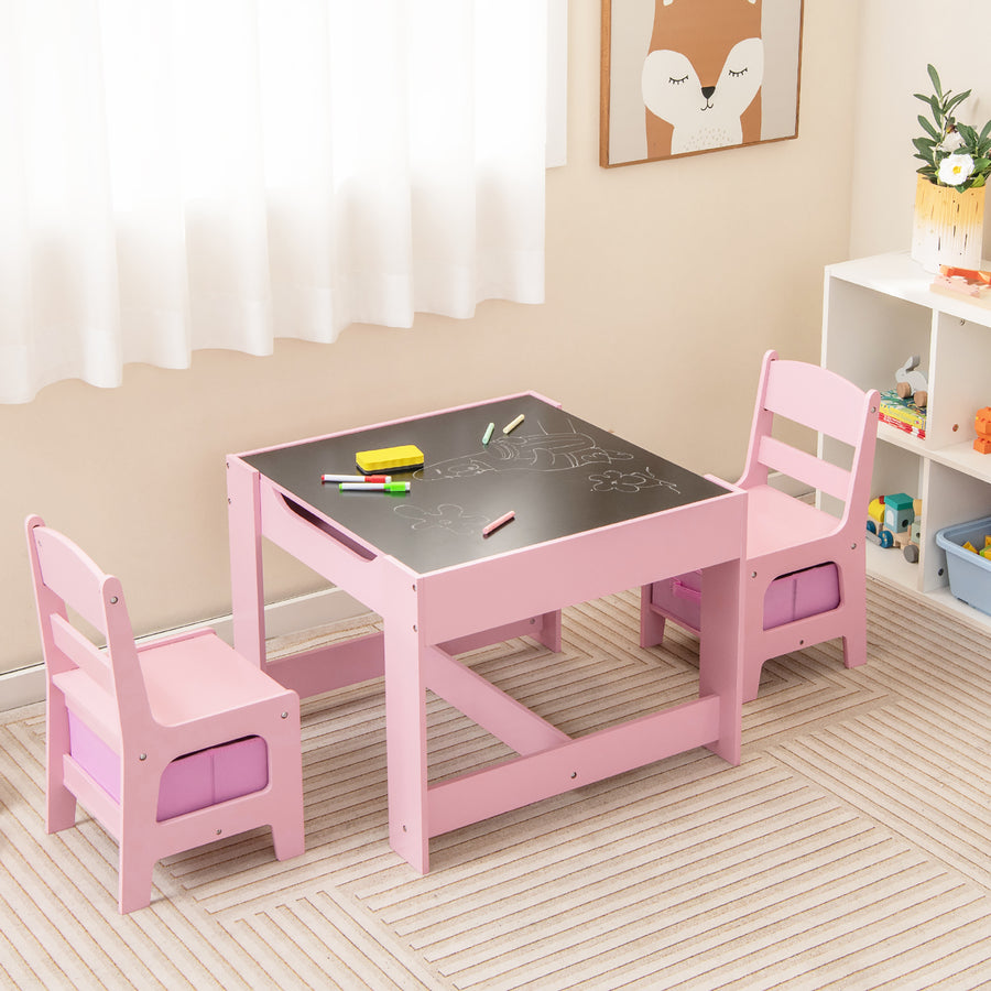 3 in 1 Kids Wood Table Chairs Set w/ Storage Box Blackboard Drawing Pink Image 1