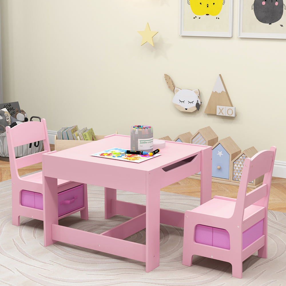 3 in 1 Kids Wood Table Chairs Set w/ Storage Box Blackboard Drawing Pink Image 2