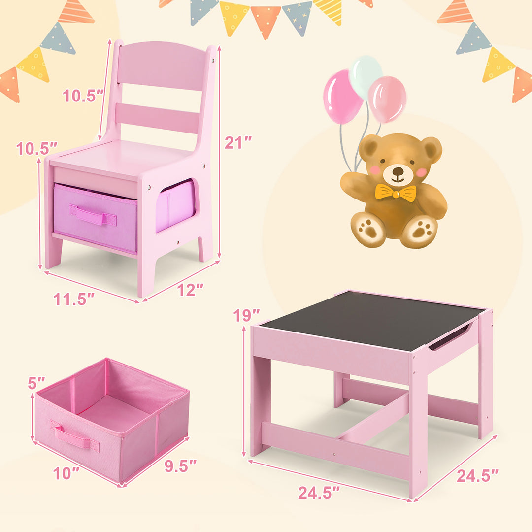 3 in 1 Kids Wood Table Chairs Set w/ Storage Box Blackboard Drawing Pink Image 3